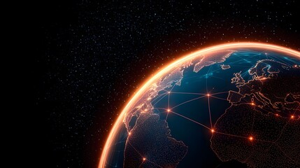 Fototapeta premium An illustration of planet Earth is shown in space, with glowing cities outlined on the continents and global communication connections in line form across the planet.