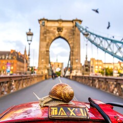 Snail on a taxi, bridge backdrop