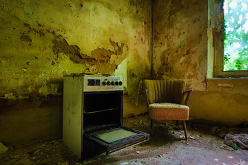 vintage stove and an old armchair