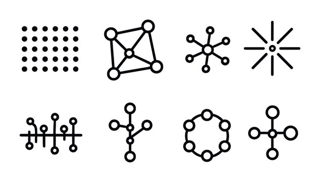 AI Network Line Icons. Outline icon set of AI point networks: dot matrix, node net, webbed cluster, radial dot