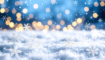 Snowflakes falling on a snowfield against a bokeh background of warm golden lights a winter season landscape