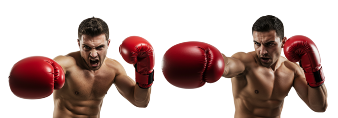 Agressive Boxer with Red Gloves Punching, on White, Ready to Fight on transparent background