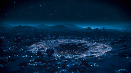 An otherworldly crater illuminated by glowing preservation symbols beneath a meteor shower.