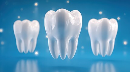 Three Shiny White 3 D Human Teeth Slowly Rotating Against a Blue Background isolated on a transparent background