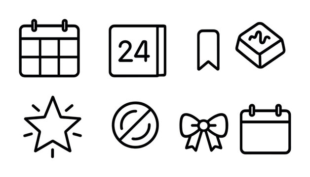Advent Calendar Icons. Outline icon set of advent calendar: calendar box, numbered door, chocolate piece,