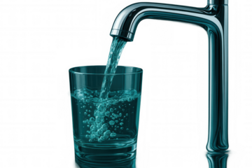 Chrome faucet streaming pure water into transparent glass, droplets cascading against crisp white backdrop