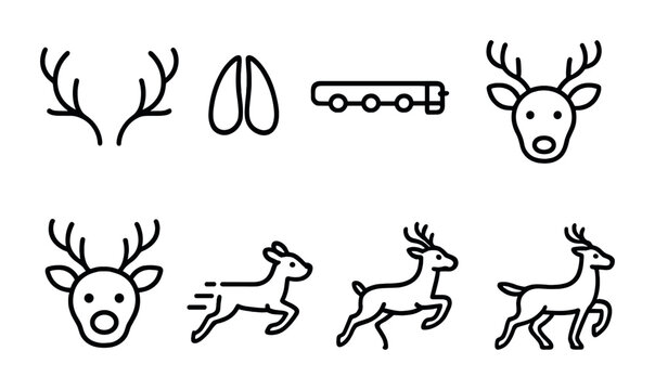 Reindeer Icons Set. Outline icon set of reindeer icons: antlers, hoof print, sleigh harness, reindeer face,