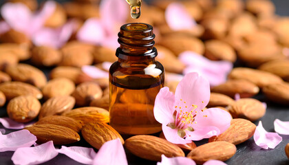 Amber Glass Bottle with Dripping Oil Surrounded by Almonds and Pink Petals on a Dark Surface