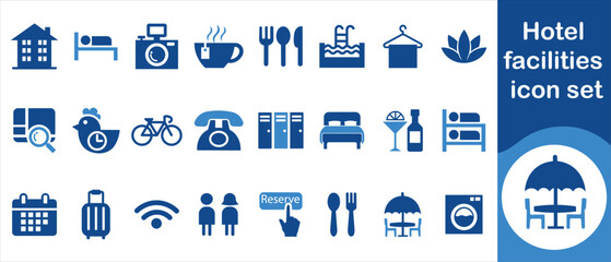 Hotel amenities icon set, reception, graphic, clean, art, website, solid, business, social, taxi, filled, collection, hotel service, thin, market, food shop, glyph, lobby, illustration, and more