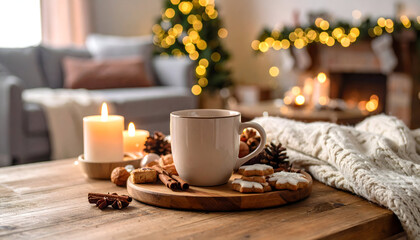 Cozy Christmas Scene With Lit Candles Cup And Decorative Elements On Wooden Table In Warm Lighting