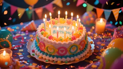 Colorful birthday cake with lit candles on a festive table decorated with balloons and flags