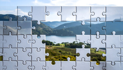 White Puzzle Pieces Partially Assembled Revealing Scenic Landscape View of Lake and Mountain