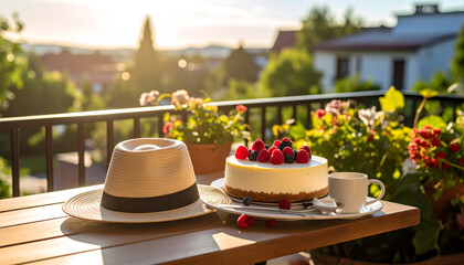 Cheesecake with Berries and Straw Hat on Wooden Table on Balcony in Sunlight View