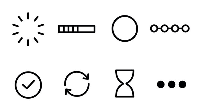 Loading Icons Collection. Outline icon set of loading and progress: circular loader, linear bar, status ring,
