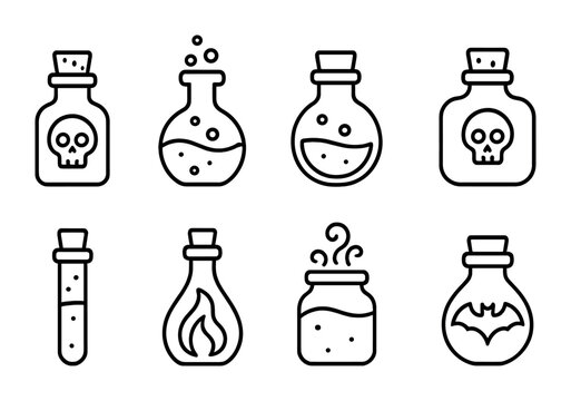 Halloween Potion Icons. Outline icon set of Halloween potion bottles: poison vial, bubbling flask, green