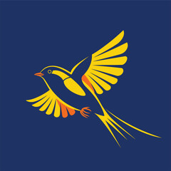 Stylized illustration of a yellow and orange bird in flight against a dark blue background design element