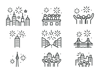 Obraz premium City Celebration Icons. Outline icon set of city celebration: skyline fireworks, rooftop party, crowd cheering