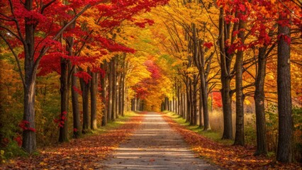 Naklejka premium Vibrant autumn tree lined path in golden sunlight