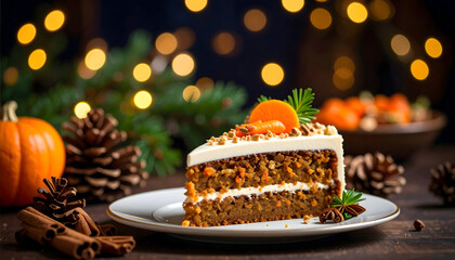 Delicious Slice Of Carrot Cake On White Plate Beside Pumpkin Pinecones Cinnamon And Blurred Bokeh Background
