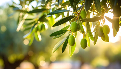 Close Up Of Green Olives On Branch With Leaves Illuminated By Sunlight And Blurred Background