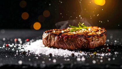 Grilled Steak with Herbs and Salt Crystals on Black Stone Surface with Smoke and Golden Bokeh
