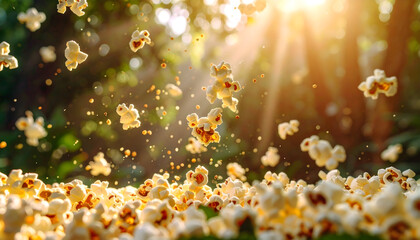 Popcorn Falling Against Sunlight in a Green Background with Golden Hues
