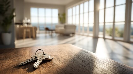 House keys on a polished wooden table in a sunlit modern home isolated on a transparent background