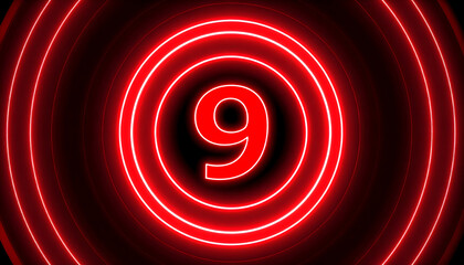 Bright Red Neon Number Nine Centered Within Concentric Glowing Circles Against Black Background