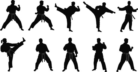 Karate martial arts silhouettes, karateka in fighting and kicking poses, traditional gi uniform with belts, self-defense techniques, combat training, sports discipline, vector illustration set