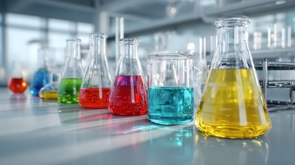 Colorful liquids in laboratory glassware erlenmeyer flasks beakers science experiment chemistry research isolated on a transparent background