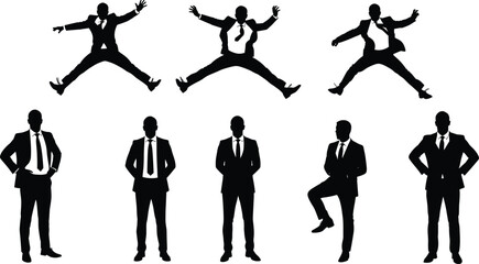 Businessman silhouette collection, professional male figures in suits, various confident standing poses and jumping actions, corporate style, leadership, formal attire, office wear