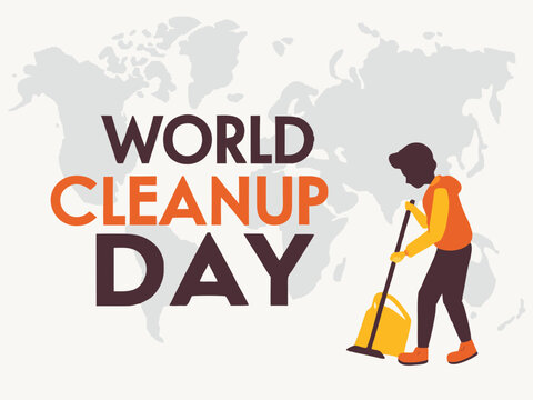 World Cleanup Day Illustration with Person Sweeping and World Map in Background for Environmental Awareness