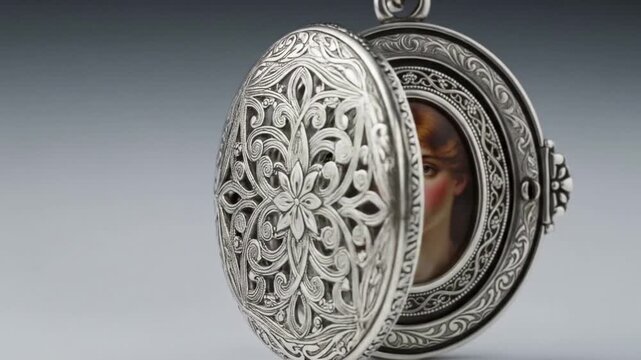 Vintage ornate silver locket with a delicate portrait inside