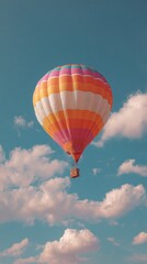 Fototapeta premium Colorful hot air balloon floats high above fluffy clouds against a pastel sky
