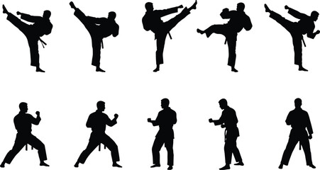 Silhouettes of martial artists performing kicks and stances, karate fighter vector poses, self-defense training, combat sport technique, black silhouette illustration for discipline