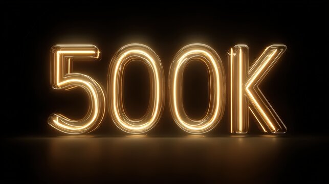 Glowing Golden Neon Number 500 K Symbol isolated on a transparent background 500k