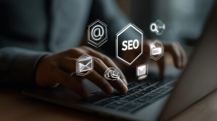 Digital marketing professional with AR holographic icons for SEO