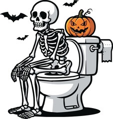 A skeleton sits on a toilet with a jack-o'-lantern on top, surrounded by bats, evoking a humorous Halloween scene.