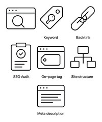 Obraz premium SEO Icon Set. Outline icon set of SEO optimization: search engine, keyword tag, ranking arrow, backlink icon,