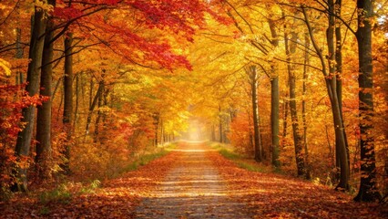 Golden autumn forest path illuminated by warm sunlight