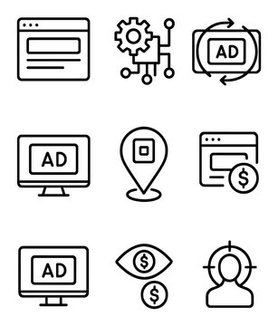 Digital Advertising Icons. Outline icon set of digital advertising: banner ad, programmatic icon, media buy,
