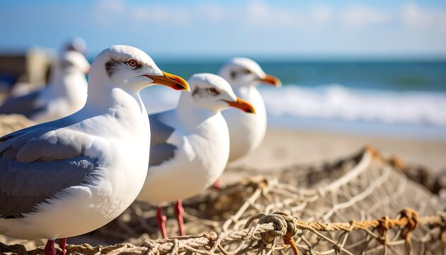 Three seagulls standing on a fishing net near the ocean.