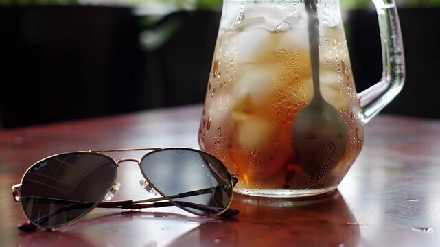 Iced Tea Jug with Sunglasses on Wooden Table for Refreshment Beverage Drink Still Life with Close Up View Clear Ice and Brown Liquid During Summer Season for Adobe Stock Photo