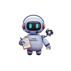 3D Stage Manager Robot Cartoon Is Holding Clipboard And Stage Light On Transparent Background