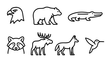 American Wildlife Icons. Outline icon set of American wildlife: bald eagle, grizzly bear, bison, alligator,
