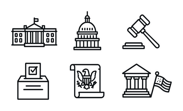 US Government Icons. Outline icon set of US government: White House, Capitol Dome, eagle seal, gavel, voting