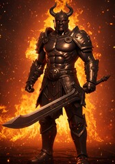 Fototapeta premium Fearsome Warrior in Burning Armor with a Fiery Sword