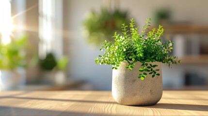 Green Plant in a Light Gray Ceramic Pot on a Wooden Table isolated on a transparent background