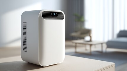 White Portable Air Conditioner Unit on Light Wood Table in Modern Living Room isolated on a transparent background