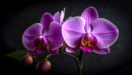 Close Up of Pink And Purple Orchid Flowers With Green Leaves Against Dark Backdrop